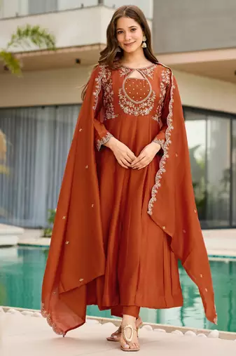 Rust brown embroidered cp vichitra anarkali suit set with dupatta for women