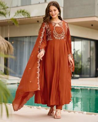 Rust brown embroidered cp vichitra anarkali suit set with dupatta for women 3