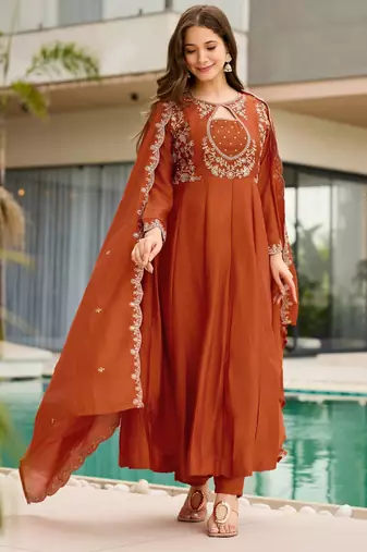 Rust brown embroidered cp vichitra anarkali suit set with dupatta for women