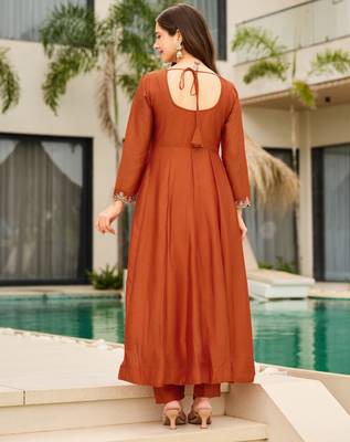 Rust brown embroidered cp vichitra anarkali suit set with dupatta for women 4