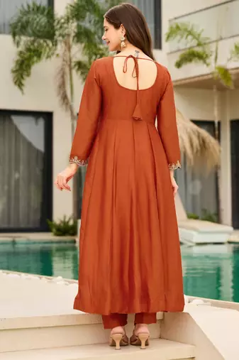 Rust brown embroidered cp vichitra anarkali suit set with dupatta for women