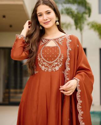 Rust brown embroidered cp vichitra anarkali suit set with dupatta for women 5