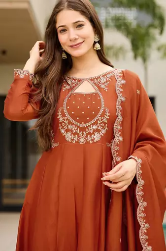 Rust brown embroidered cp vichitra anarkali suit set with dupatta for women