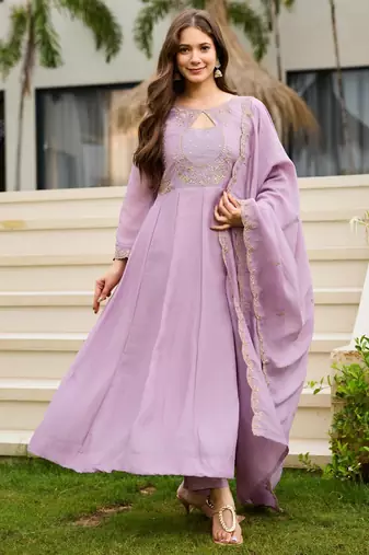 Lavender embroidered cp vichitra anarkali suit set with dupatta for women