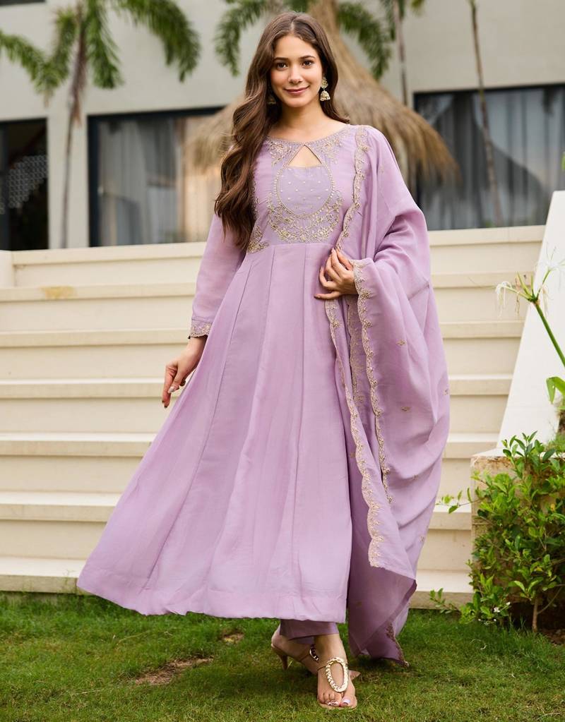 Lavender embroidered cp vichitra anarkali suit set with dupatta for women