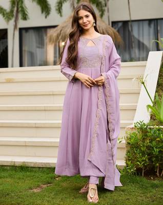 Lavender embroidered cp vichitra anarkali suit set with dupatta for women 2