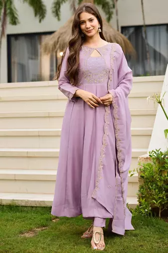 Lavender embroidered cp vichitra anarkali suit set with dupatta for women