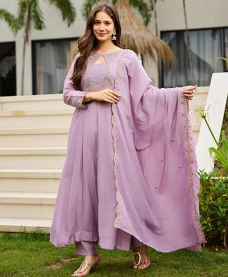 Lavender embroidered cp vichitra anarkali suit set with dupatta for women 3