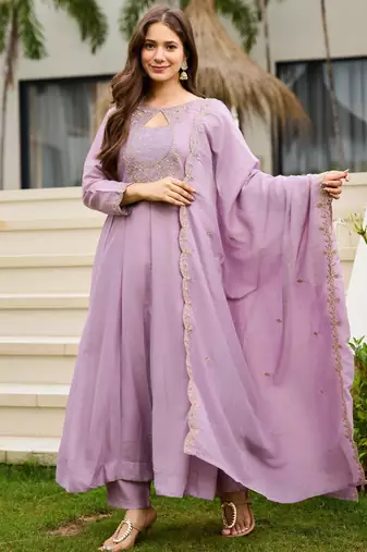 Lavender embroidered cp vichitra anarkali suit set with dupatta for women