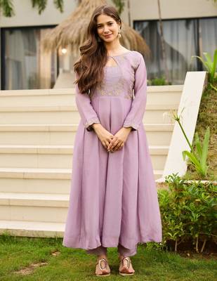 Lavender embroidered cp vichitra anarkali suit set with dupatta for women 4