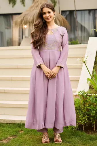 Lavender embroidered cp vichitra anarkali suit set with dupatta for women