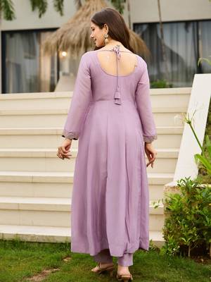 Lavender embroidered cp vichitra anarkali suit set with dupatta for women 5