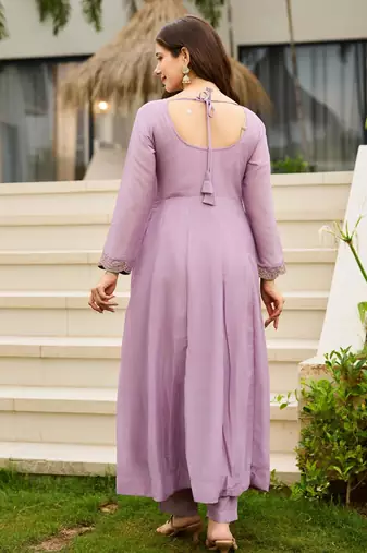 Lavender embroidered cp vichitra anarkali suit set with dupatta for women
