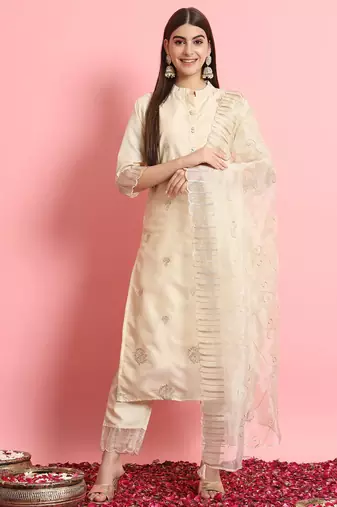 Floral embroidered silk round neck kurta trouser and dupatta set