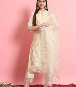 Floral embroidered silk round neck kurta trouser and dupatta set