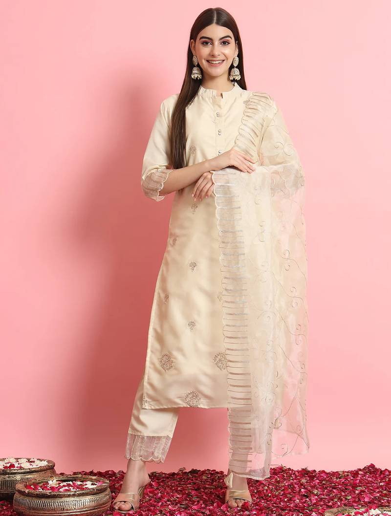 Floral embroidered silk round neck kurta trouser and dupatta set