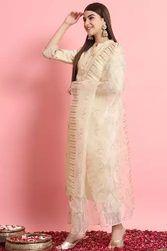 Floral embroidered silk blend round neck kurta trouser and dupatta set