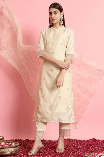 Floral embroidered silk blend round neck kurta trouser and dupatta set