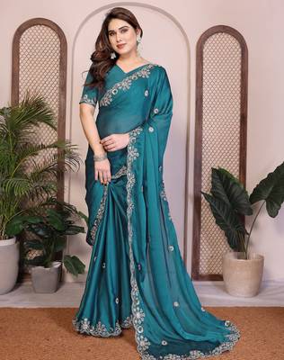 Women’s Teal Blue Embroidered Saree 2