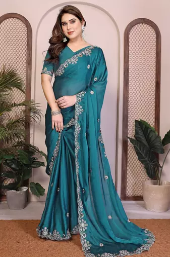 Women’s Teal Blue Embroidered Saree