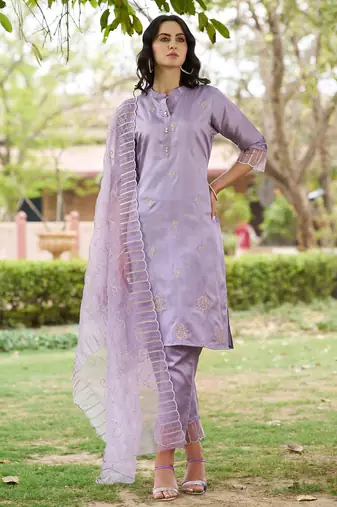 Floral embroidered silk round neck kurta trouser and dupatta set
