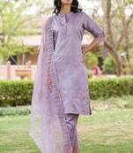 Floral embroidered silk round neck kurta trouser and dupatta set