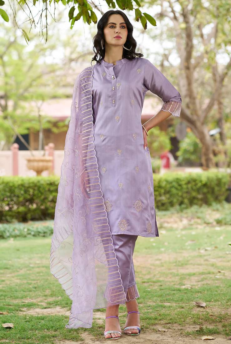 Floral embroidered silk round neck kurta trouser and dupatta set