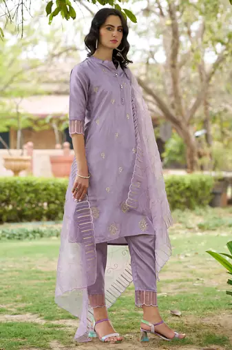 Floral embroidered silk blend round neck kurta trouser and dupatta set