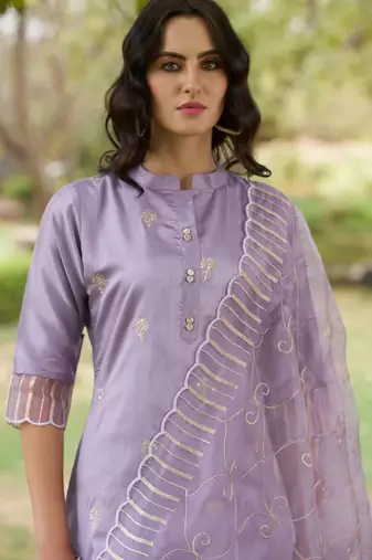 Floral embroidered silk blend round neck kurta trouser and dupatta set