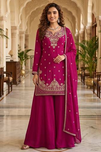 Rani pink premium chinon beads work suit set
