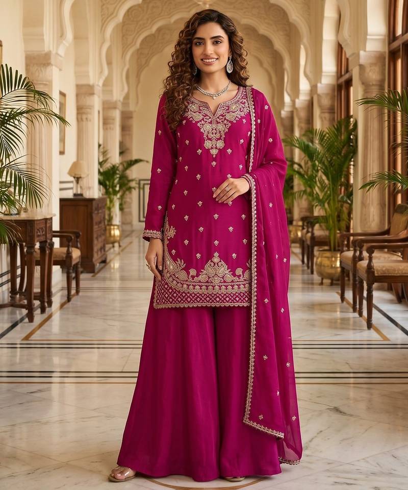 Rani pink premium chinon beads work suit set