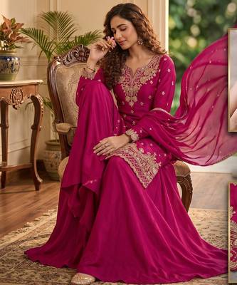 Rani pink premium chinon beads work suit set 2