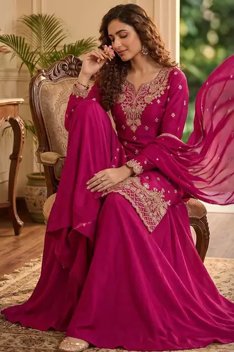 Rani pink premium chinon beads work suit set