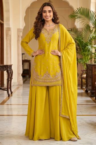 Yellow premium chinon beads work suit set