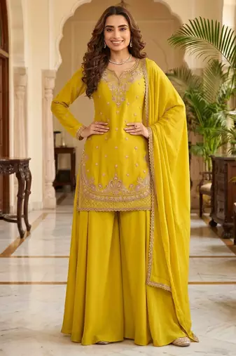 Yellow premium chinon beads work suit set
