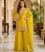 Yellow premium chinon beads work suit set