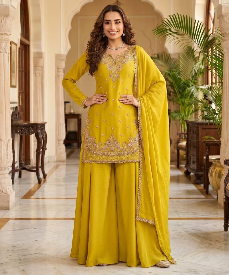 Yellow premium chinon beads work suit set