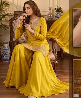 Yellow premium chinon beads work suit set 2