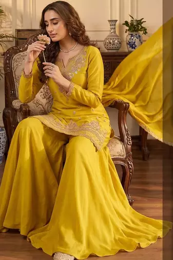 Yellow premium chinon beads work suit set
