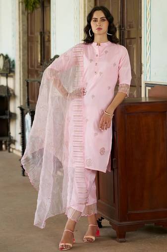 Floral embroidered silk blend round neck kurta trouser and dupatta set