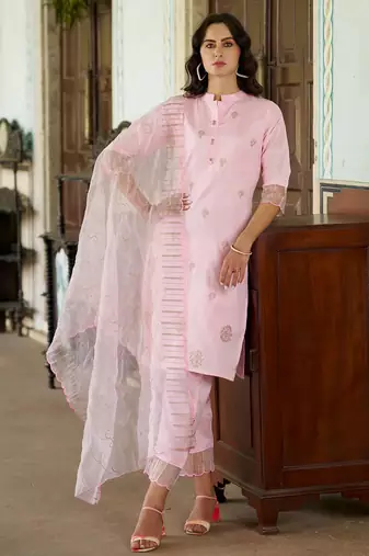 Floral embroidered silk round neck kurta trouser and dupatta set