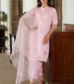 Floral embroidered silk round neck kurta trouser and dupatta set