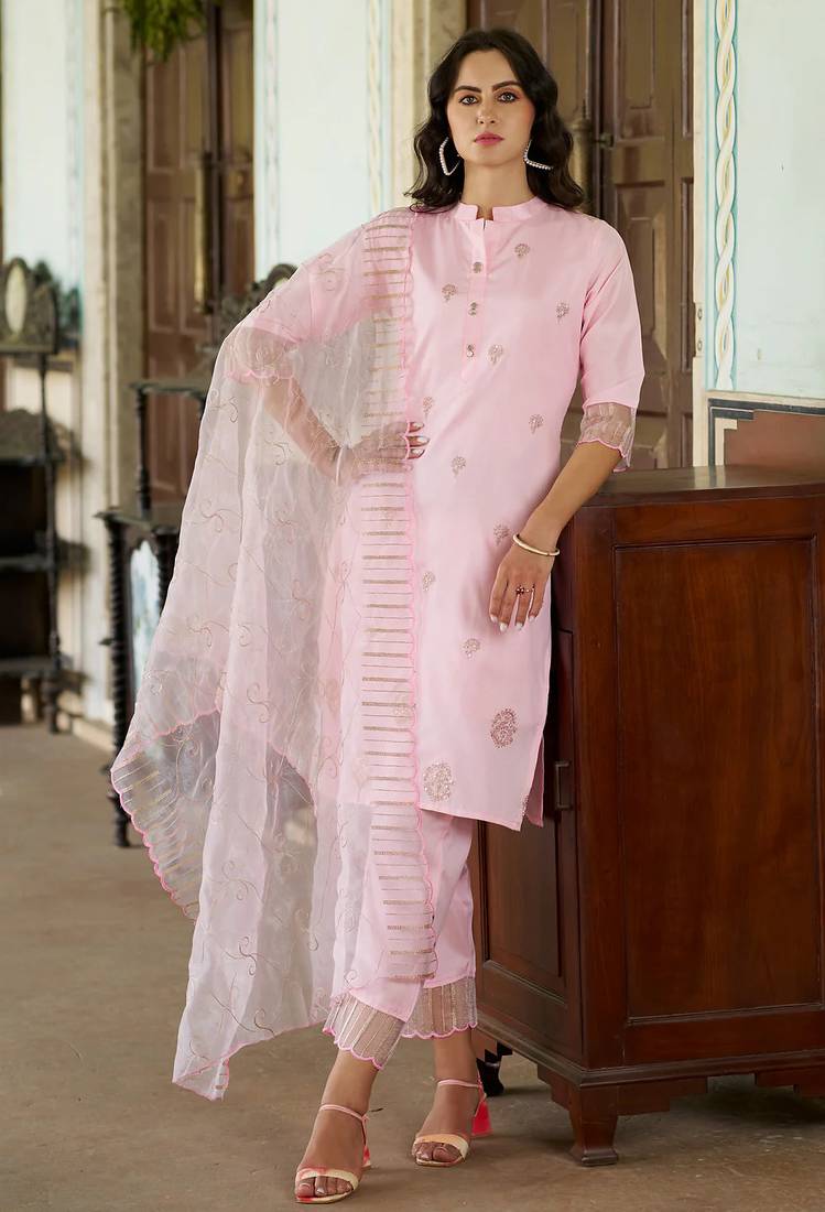 Floral embroidered silk round neck kurta trouser and dupatta set