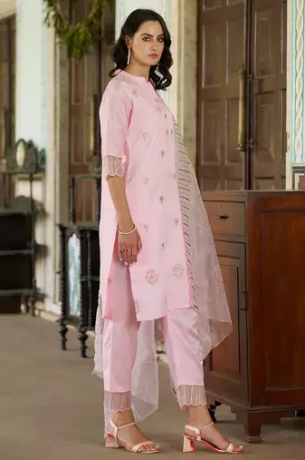 Floral embroidered silk blend round neck kurta trouser and dupatta set