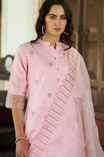 Floral embroidered silk blend round neck kurta trouser and dupatta set