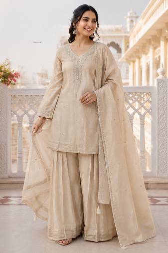 Cream crunchy silk embroidery sequence work palazzo set