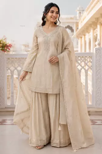 Cream crunchy silk embroidery sequence work palazzo set