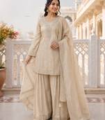 Cream crunchy silk embroidery sequence work palazzo set