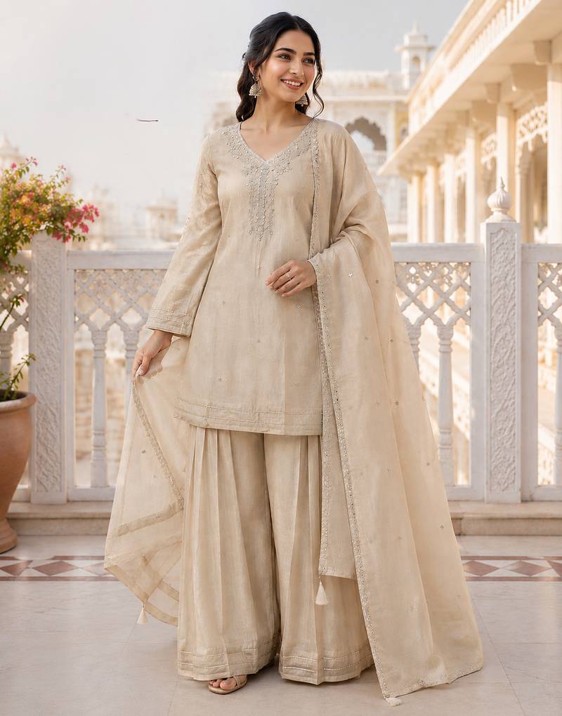 Cream crunchy silk embroidery sequence work palazzo set