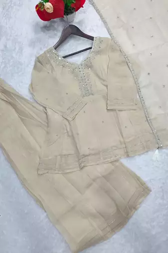 Cream crunchy silk embroidery sequence work palazzo set